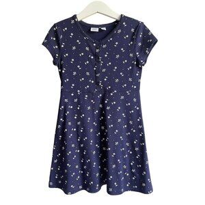 GAP Kids Girls Size Small Navy Blue White Floral Dots A-Line Dress Short Sleeve